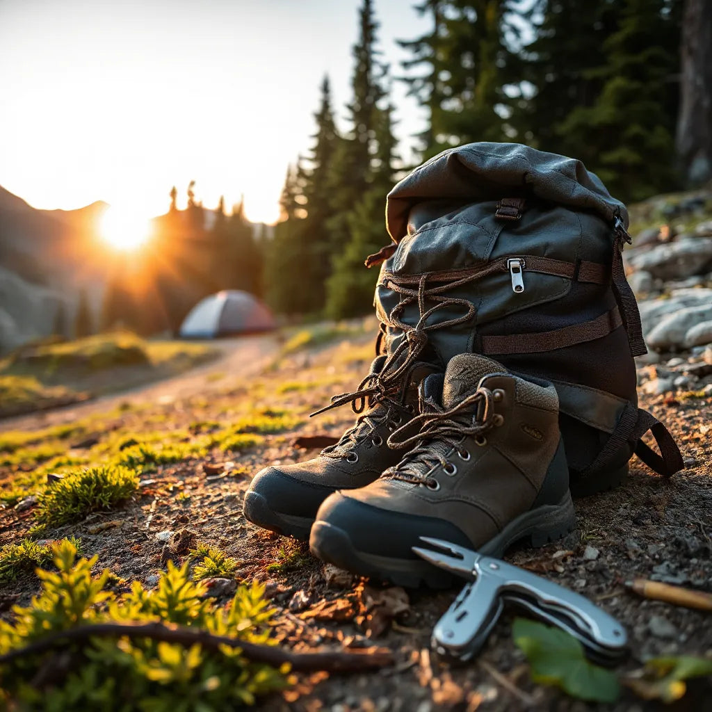 Rugged hiking boots and backpack on a forest campsite with a mountain trail in the background