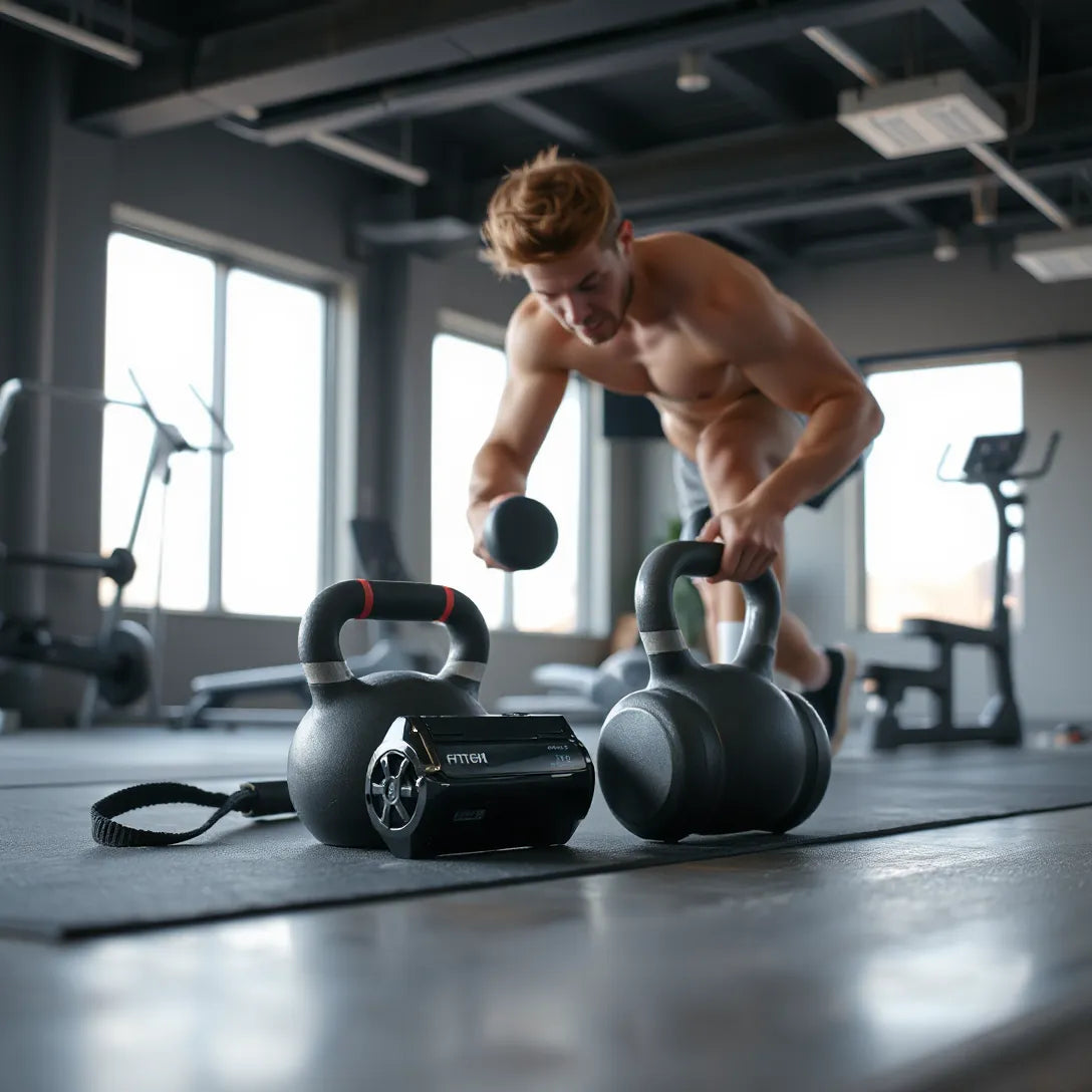 Athlete lifting weights in a gym with a high-tech training device on the bench beside the workout gear