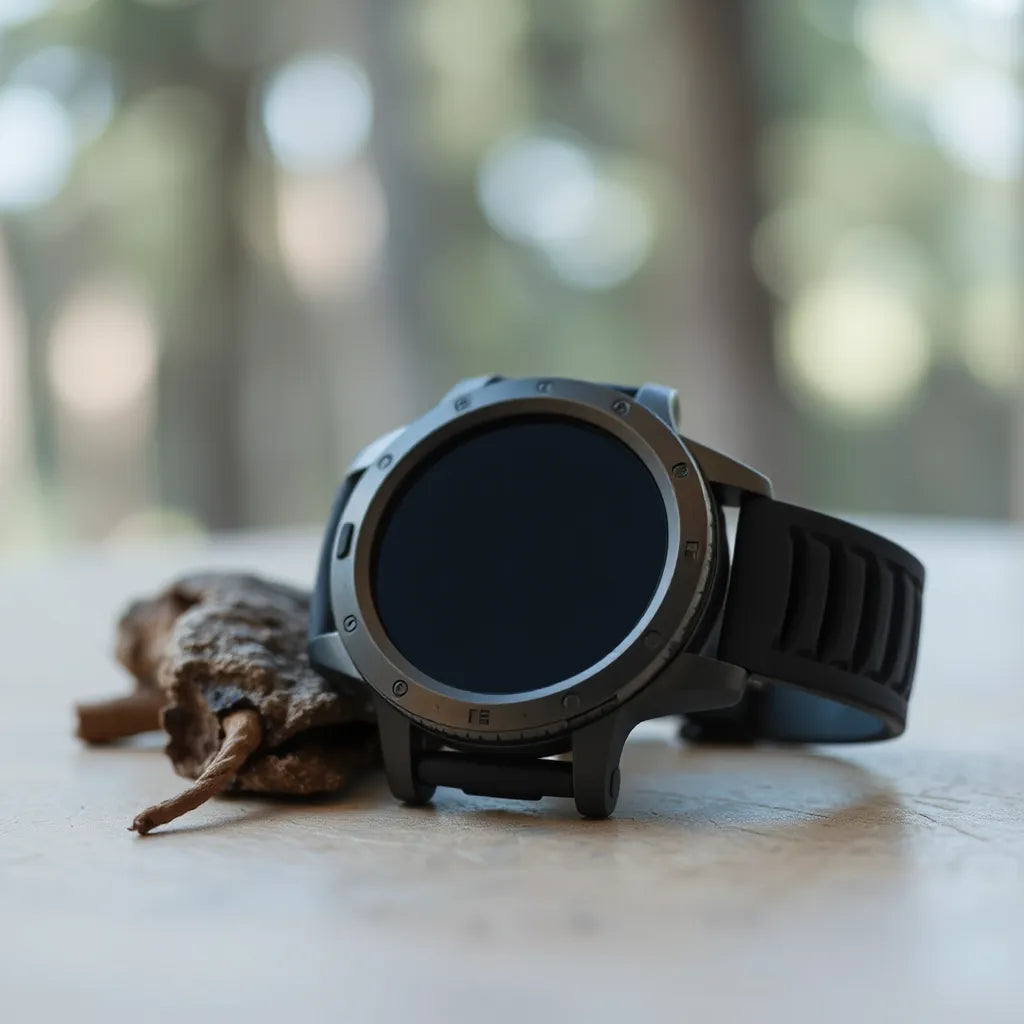 Rugged T-Rex3 Ultra smartwatch with a rubber band on a neutral background, screen facing up