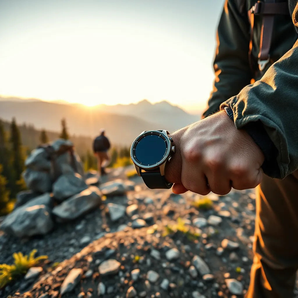 Rugged smartwatch on an explorer’s wrist during a mountain trail hike at golden hour