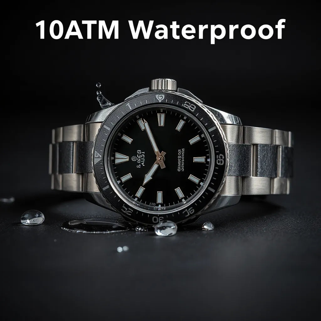 Rugged wristwatch with water droplets on a clean background, showing durable bezel and strap