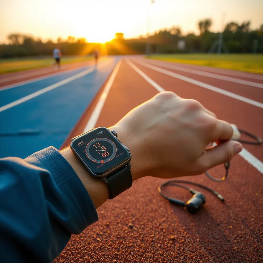 Sports smartwatch displaying a training interface next to running accessories on a track