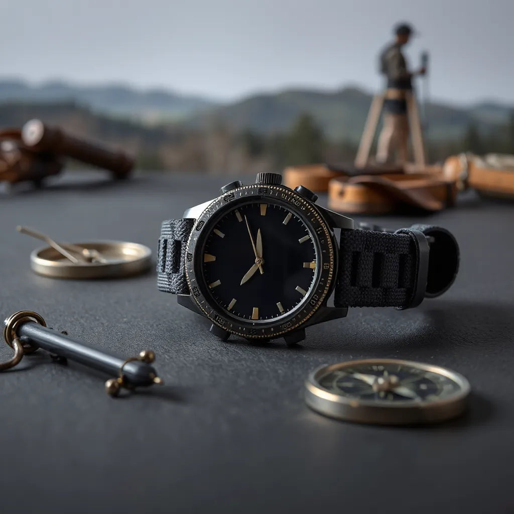 Rugged military-style smartwatch with a dark band on a matte surface, set against a subtle outdoor background