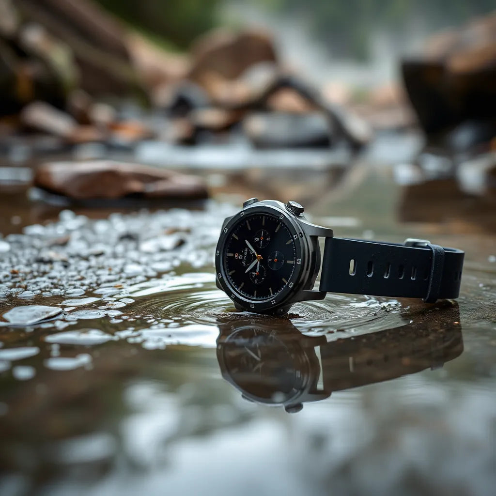 Rugged smartwatch with visible water droplets beside a wet strap on a dark surface