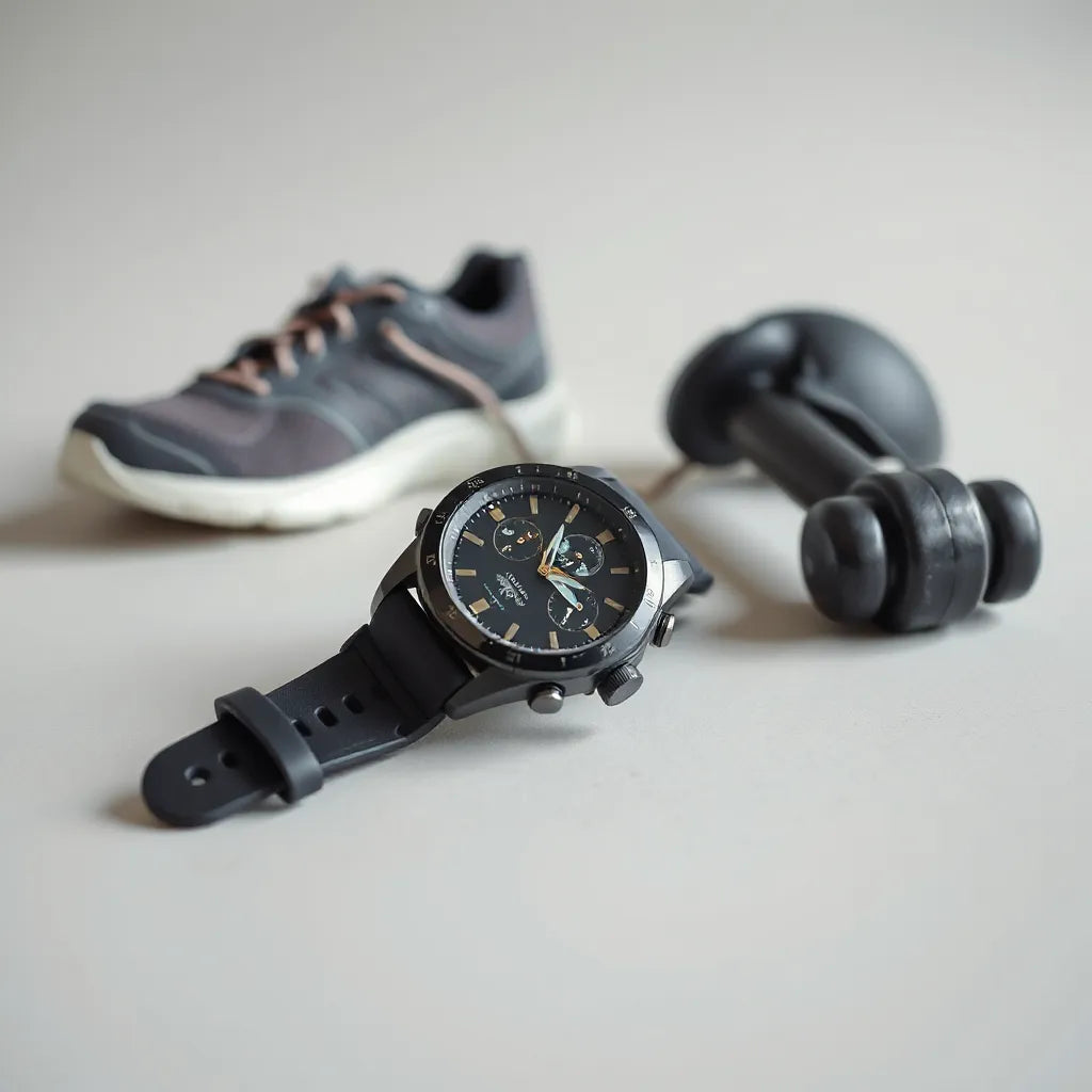 Multi-sport watch on a neutral surface with softly blurred training gear behind it