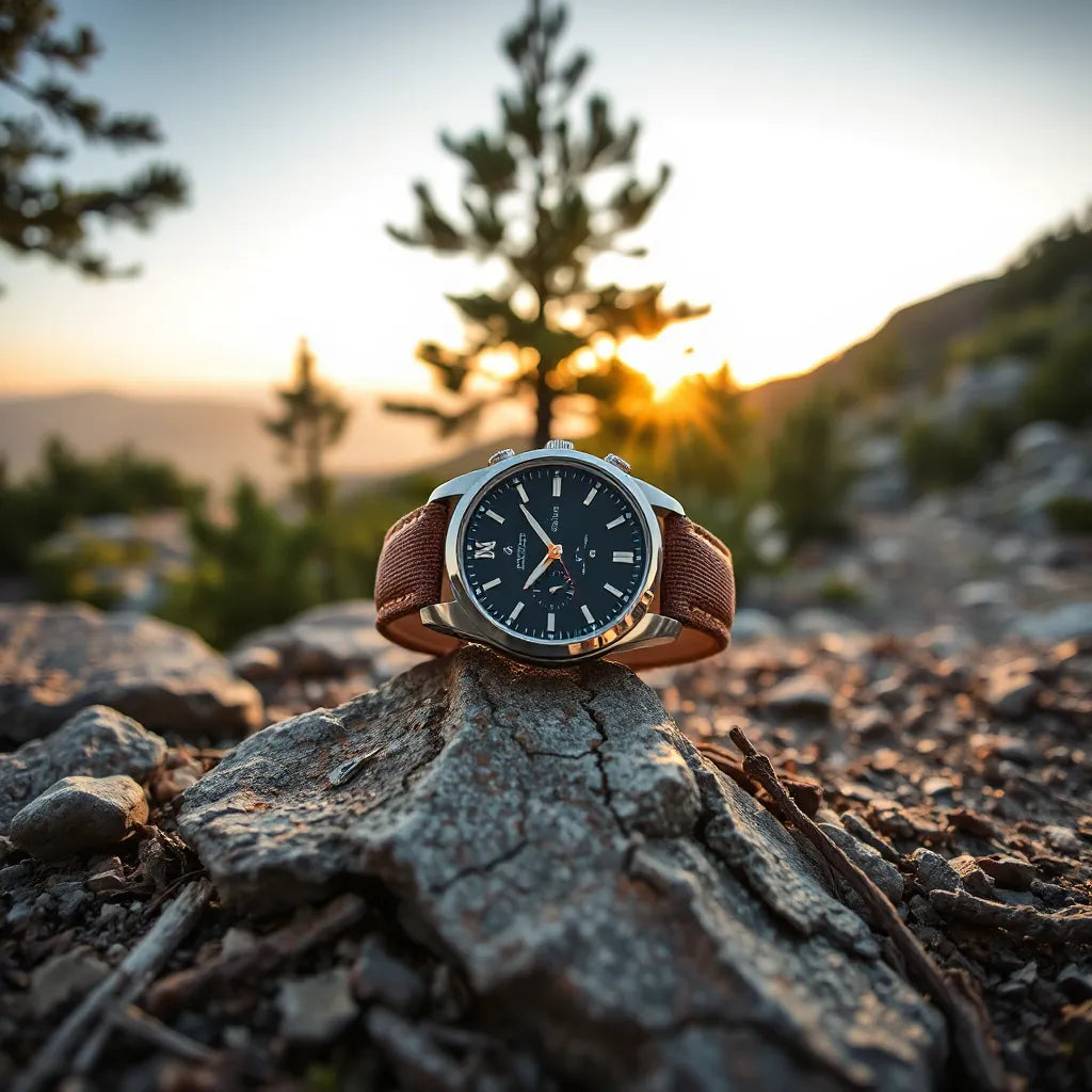 Rugged outdoor watch on a rock near a mountain trail with trees softly blurred in the background.