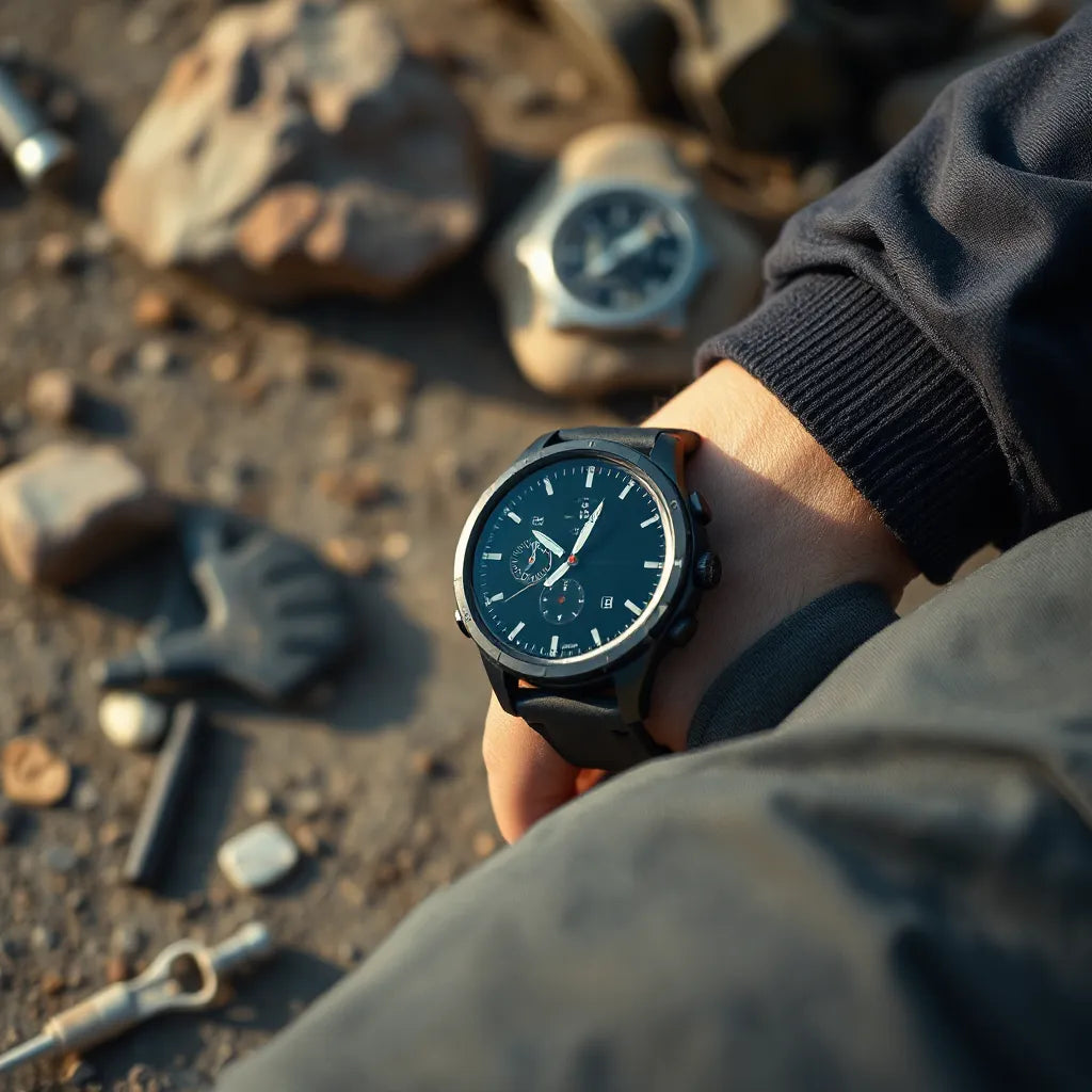 Rugged military-grade smartwatch on a wrist outdoors with a durable strap and clear display icons