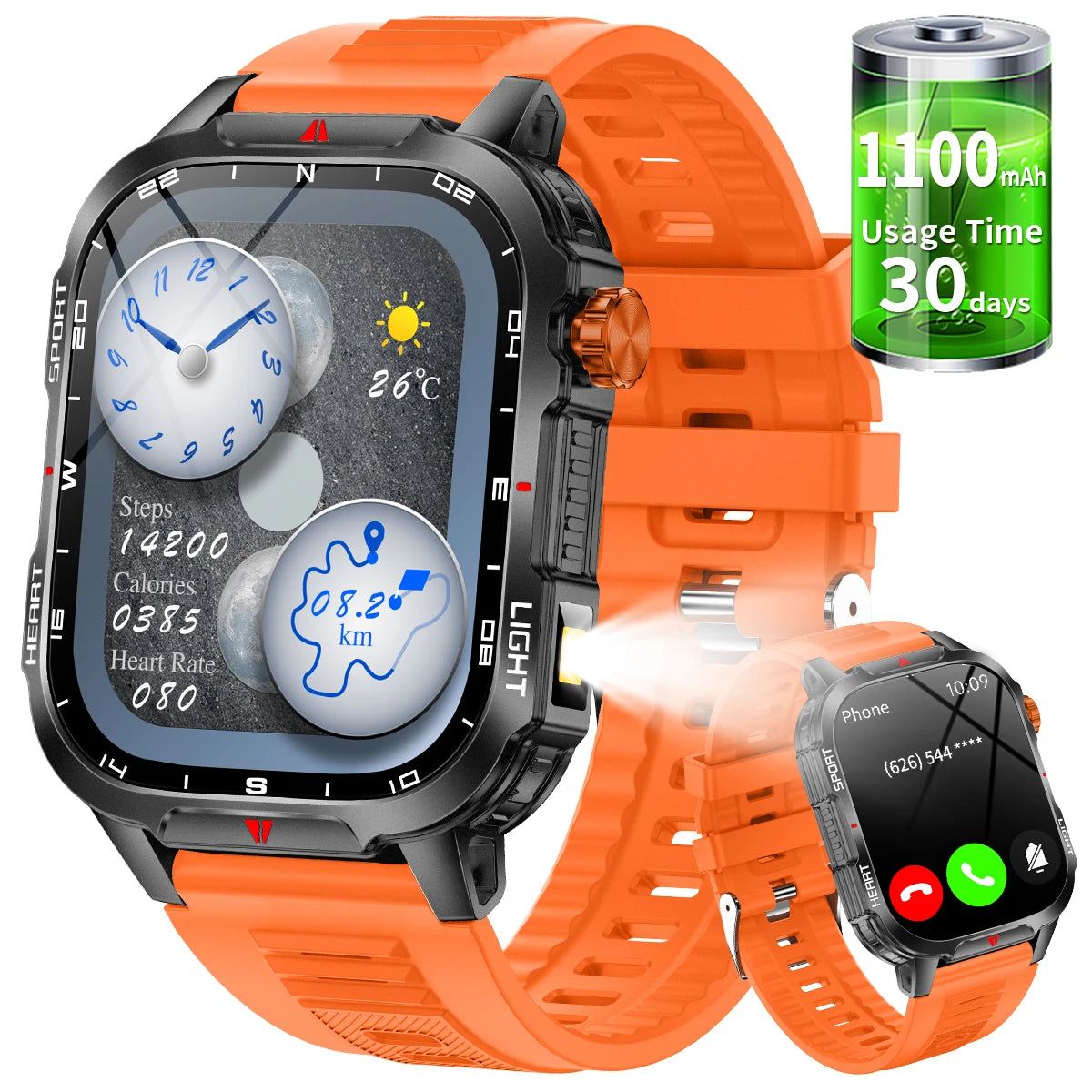 New Global Smartwatch 2.01 Inch 1100mAh Large Battery LED Light Compass Men Outdoor Sport Watch Voice Assistant Wireless Call